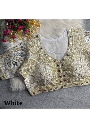 White italian silk heavy embroidered readymade blouse with real mirror and zari work 3