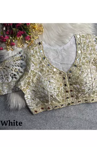 White italian silk heavy embroidered readymade blouse with real mirror and zari work