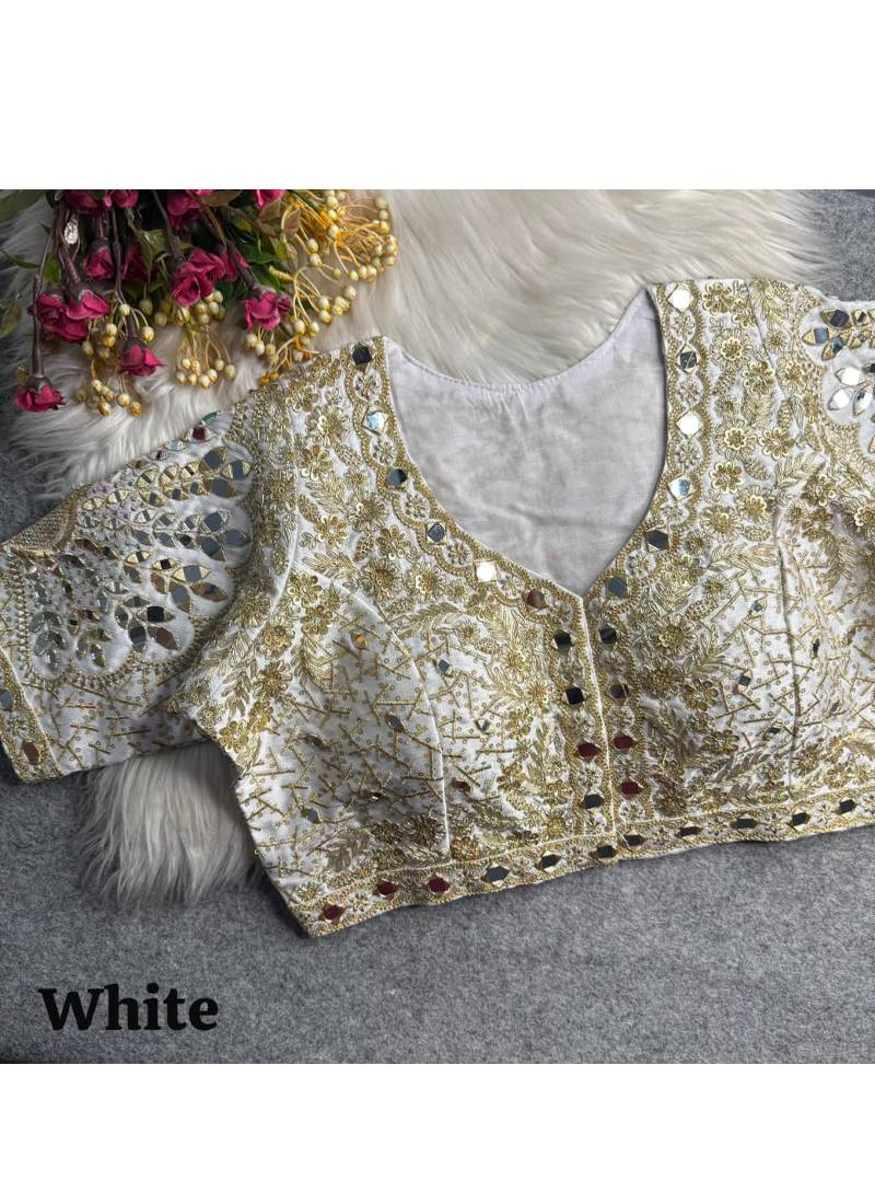 White italian silk heavy embroidered readymade blouse with real mirror and zari work