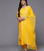 Women floral embroidered thread work liva kurta with trousers & with dupatta