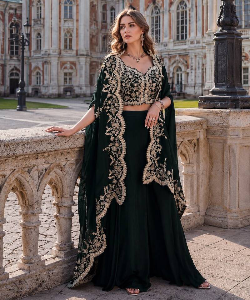 Black real premium silk stitched shrug suit with embroidery work