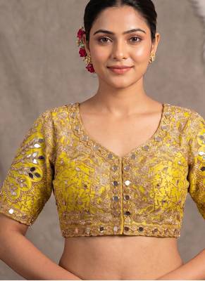Yellow italian silk heavy embroidered readymade blouse with real mirror and zari work 1