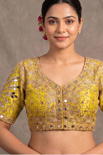 Yellow italian silk heavy embroidered readymade blouse with real mirror and zari work