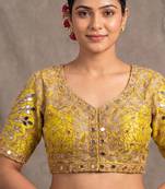 Yellow italian silk heavy embroidered readymade blouse with real mirror and zari work
