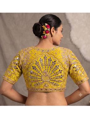 Yellow italian silk heavy embroidered readymade blouse with real mirror and zari work 2