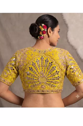 Yellow italian silk heavy embroidered readymade blouse with real mirror and zari work