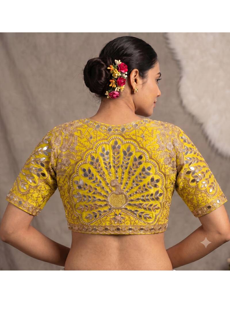 Yellow italian silk heavy embroidered readymade blouse with real mirror and zari work