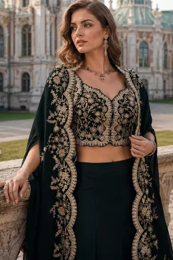 Black real premium silk stitched shrug suit with embroidery work