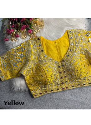 Yellow italian silk heavy embroidered readymade blouse with real mirror and zari work 3