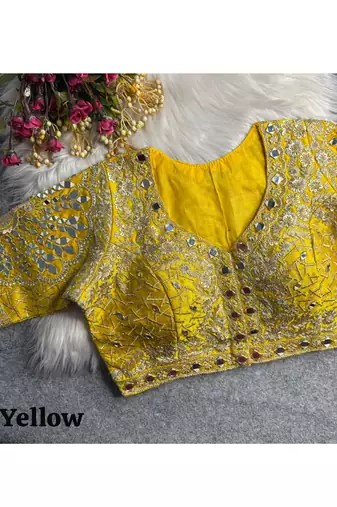 Yellow italian silk heavy embroidered readymade blouse with real mirror and zari work