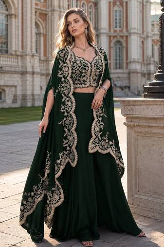 Green real premium silk stitched shrug suit with embroidery work