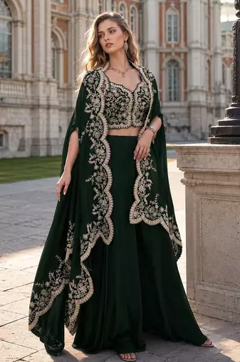 Green real premium silk stitched shrug suit with embroidery work