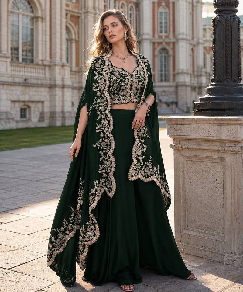Green real premium silk stitched shrug suit with embroidery work