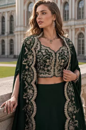 Green real premium silk stitched shrug suit with embroidery work