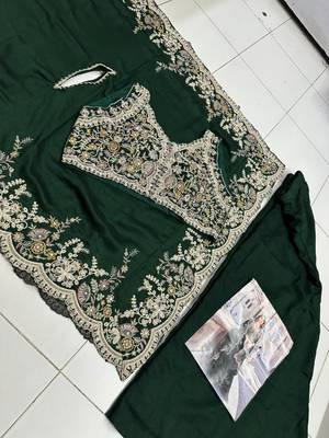 Green real premium silk stitched shrug suit with embroidery work 3