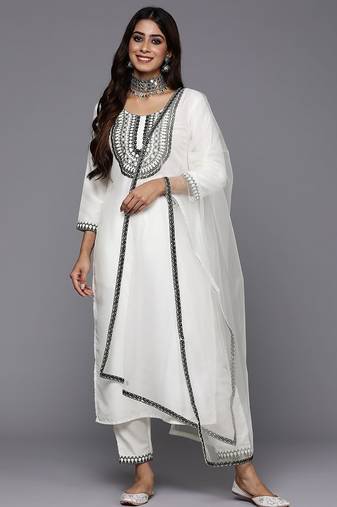 Women floral embroidered thread work kurta with trousers & with dupatta