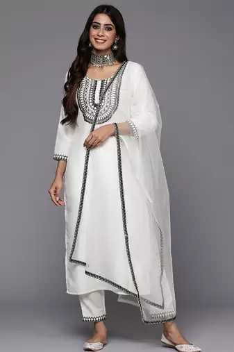 Women floral embroidered regular thread work kurta with trousers & with dupatta