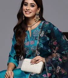 Women teal floral embroidered regular thread work kurta with trousers & with dupatta