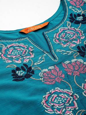 Women teal floral embroidered thread work kurta with trousers & with dupatta 3