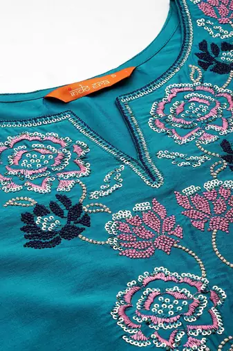 Women teal floral embroidered regular thread work kurta with trousers & with dupatta