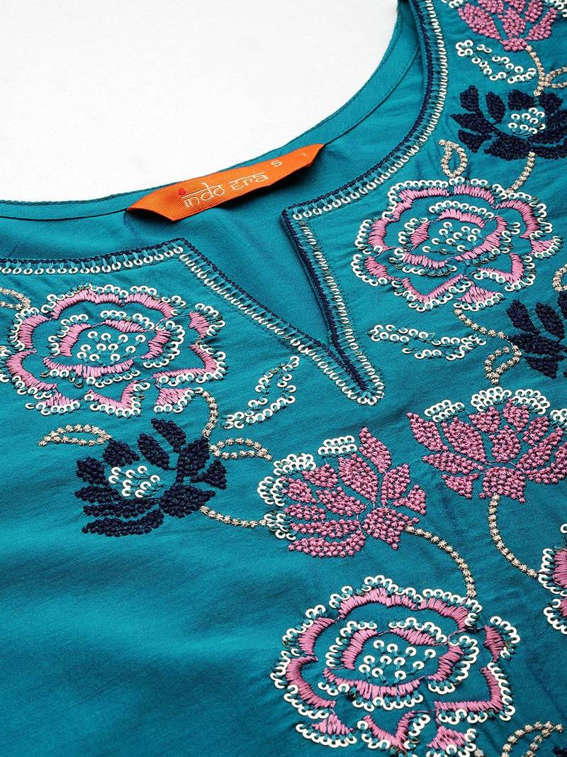 Women teal floral embroidered regular thread work kurta with trousers & with dupatta