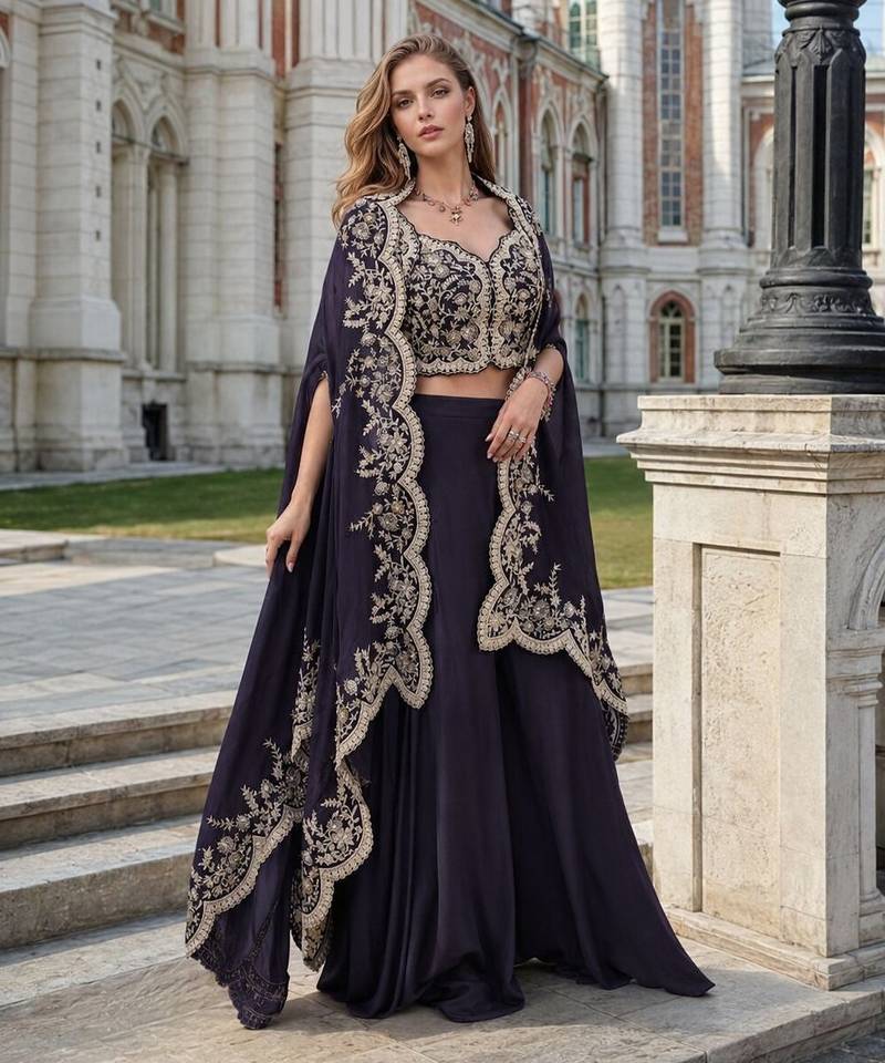Purple real premium silk stitched shrug suit with embroidery work