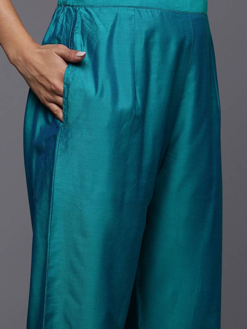 Women teal floral embroidered regular thread work kurta with trousers & with dupatta