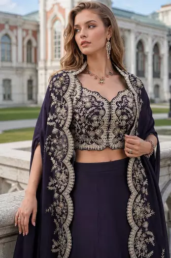 Purple real premium silk stitched shrug suit with embroidery work