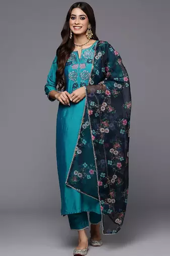 Women teal floral embroidered regular thread work kurta with trousers & with dupatta