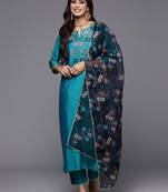 Women teal floral embroidered regular thread work kurta with trousers & with dupatta