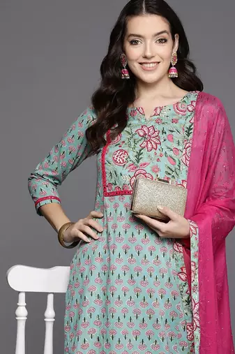 Women floral printed mirror work pure cotton kurta with trousers & with dupatta