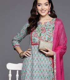 Women floral printed mirror work pure cotton kurta with trousers & with dupatta