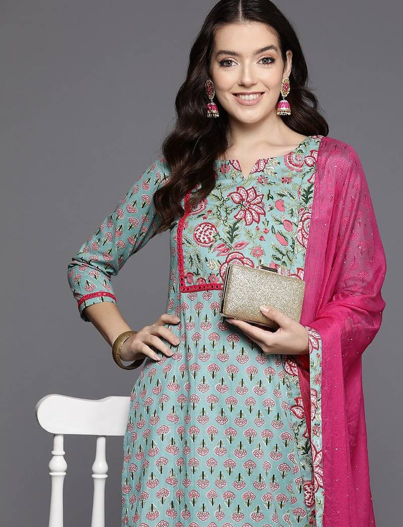Women floral printed mirror work pure cotton kurta with trousers & with dupatta