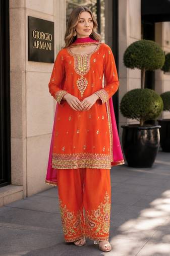 Orange chinon suit with embroidery coding & sequin work