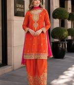 Orange chinon readymade suit with embroidery coding & sequence work