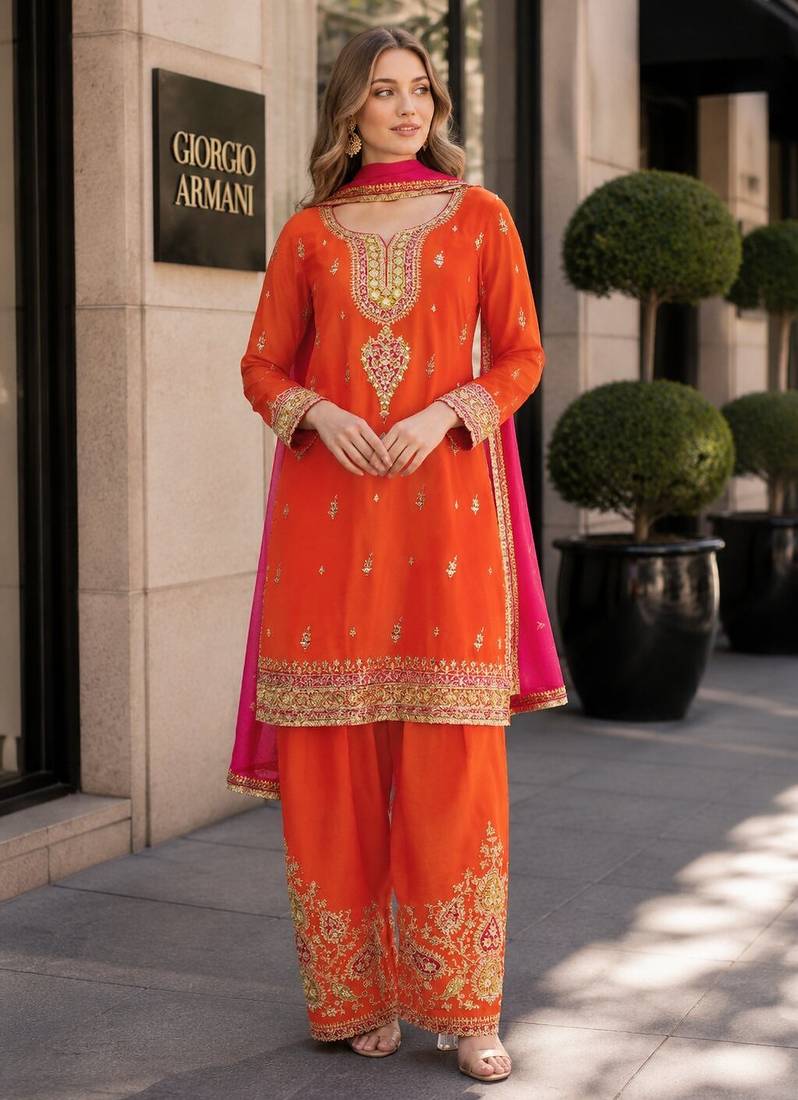 Orange chinon readymade suit with embroidery coding & sequence work