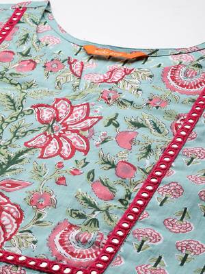 Women floral printed mirror work cotton kurta with trousers & with dupatta 3