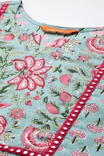Women floral printed mirror work pure cotton kurta with trousers & with dupatta