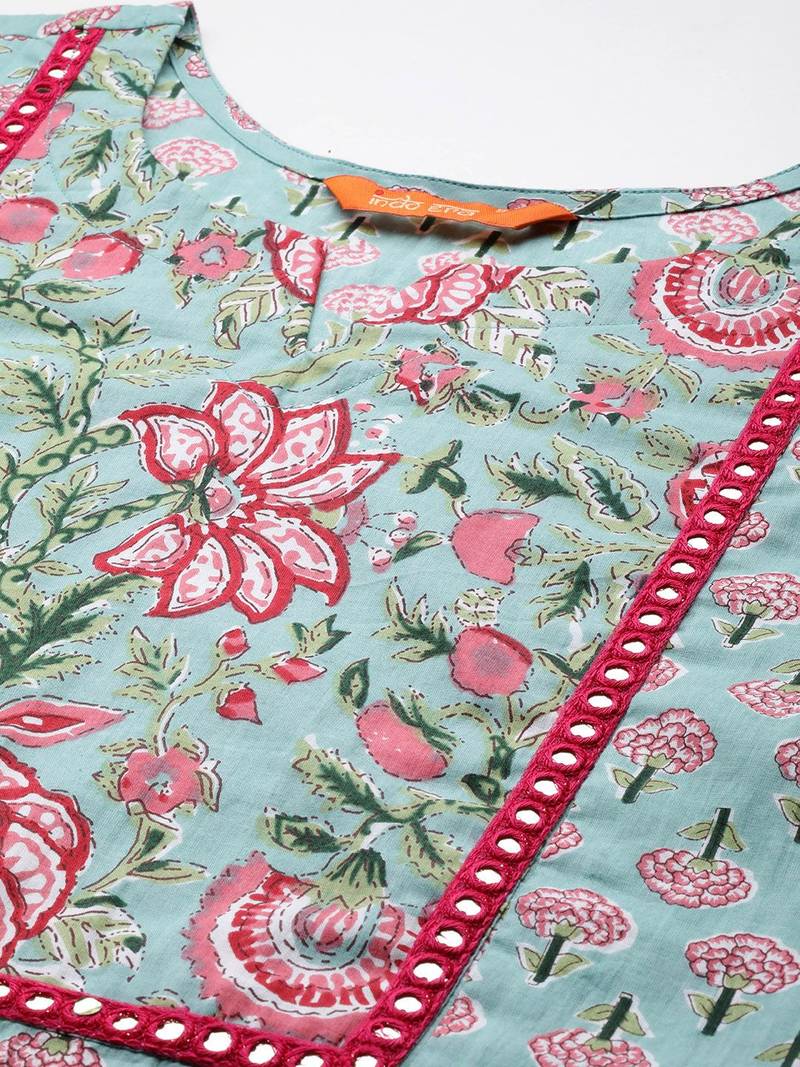 Women floral printed mirror work pure cotton kurta with trousers & with dupatta