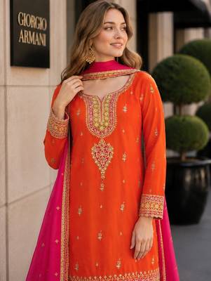 Orange chinon suit with embroidery coding & sequin work 2
