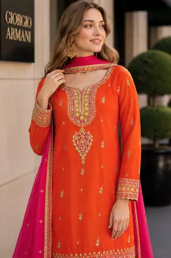 Orange chinon suit with embroidery coding & sequin work
