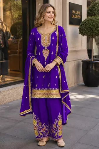 Purple chinon readymade suit with embroidery coding & sequence work