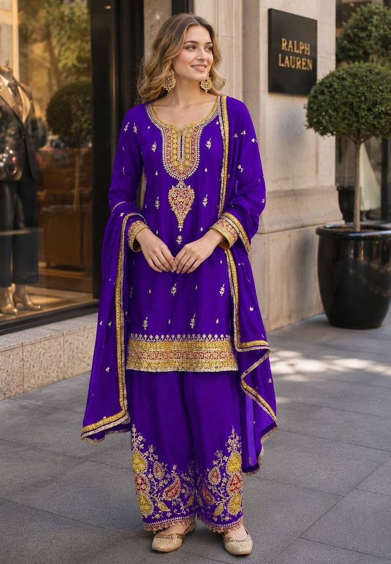 Purple chinon readymade suit with embroidery coding & sequence work