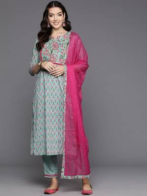 Women floral printed mirror work cotton kurta with trousers & with dupatta 1