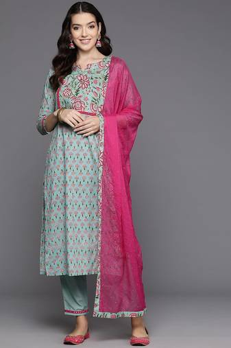 Women floral printed mirror work  cotton kurta with trousers & with dupatta