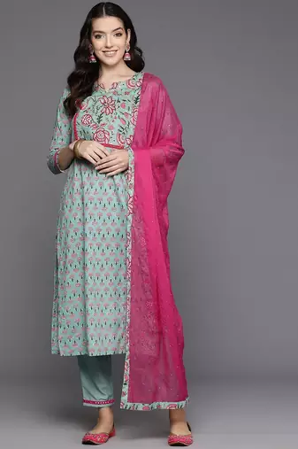 Women floral printed mirror work pure cotton kurta with trousers & with dupatta