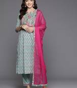Women floral printed mirror work pure cotton kurta with trousers & with dupatta