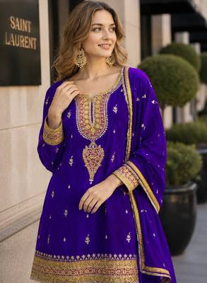 Purple chinon readymade suit with embroidery coding & sequin work 2