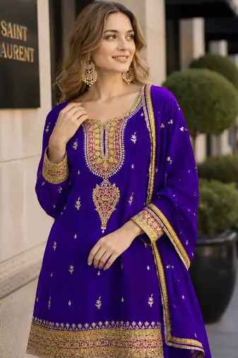 Purple chinon readymade suit with embroidery coding & sequence work