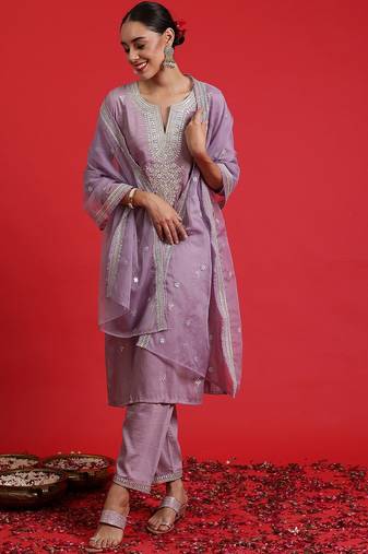 Embroidered sequinned straight kurta with trousers & dupatta